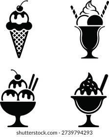Four monochrome icons showcasing different ice cream delights, including cones with cherries and sundaes with toppings and sprinkles.