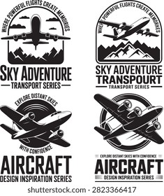 Four monochrome logos showcase airplanes in different styles with mountains and clouds highlighting sky adventure transport remote sky exploration confidence and aircraft design inspiration themes in a clean design