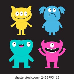 Four monster set. Happy Halloween. Cute cartoon kawaii funny boo character. Colorful silhouette monsters. Different face. Teeth, eyes, horns, hands. Childish style. White background Flat design Vector