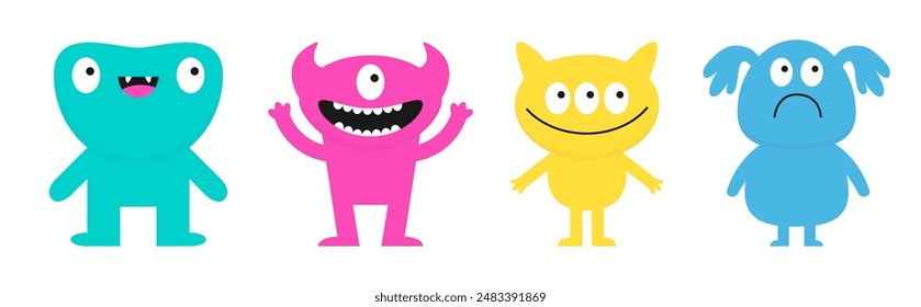 Four monster set line. Happy Halloween. Cute kawaii cartoon funny boo character. Colorful silhouette monsters. Different face. Teeth, eyes, hands. Childish style. Flat design. White background. Vector