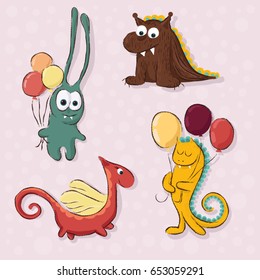 Four monsters for children's illustrations, postcards, prints on clothes or other.