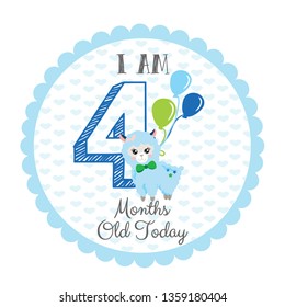 I am four months old - Baby Milestone card. Cute design with blue background and with a Baby llama. Round banner shape - Vector