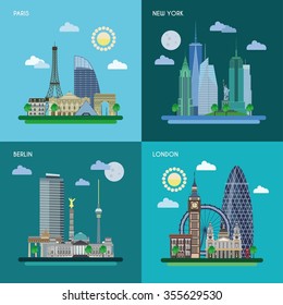 The four most famous cities in the world. New York, London, Paris, Berlin, in one work. Vector illustration.