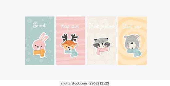 Four motivational card for kids in scandinavian childish style. Animal cartoon illustration for print or nursery.