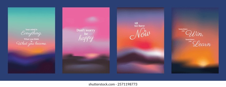 Four motivational posters with colorful blurred backgrounds and inspirational quotes. Each poster features a unique gradient and uplifting message. Pink sky positivity quote poster template vectors.