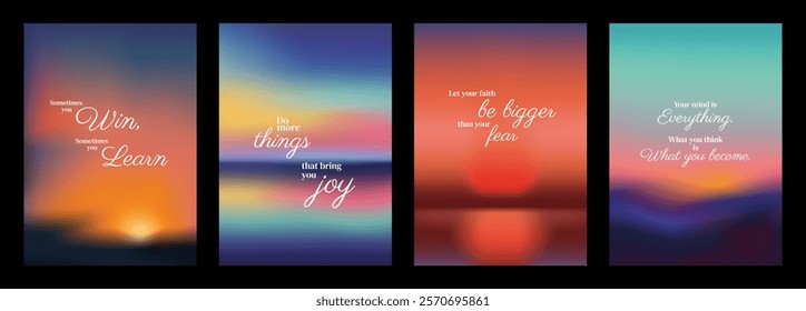 Four motivational posters with colorful gradients. Inspirational quotes in elegant fonts. Vibrant backgrounds enhance the motivational message. Pink sky positivity quote poster template vectors.