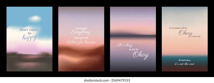 Four motivational posters and inspirational quotes. Each poster features calming colors and uplifting messages for positivity and motivation. Pastel inspirational quote poster template vectors.