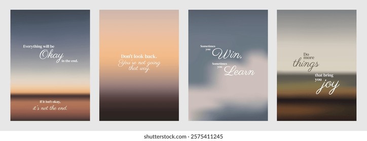 Four motivational posters and inspirational quotes. Each poster features uplifting words in elegant fonts, promoting positivity and hope. Aesthetic inspirational quote poster template vectors.