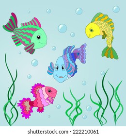 Four motley cheerful ridiculous small fishes in water with seaweed