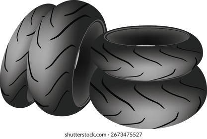 Cuatro neumáticos de la motocicleta, dos de pie y dos tendidos, se muestran sobre un fondo blanco