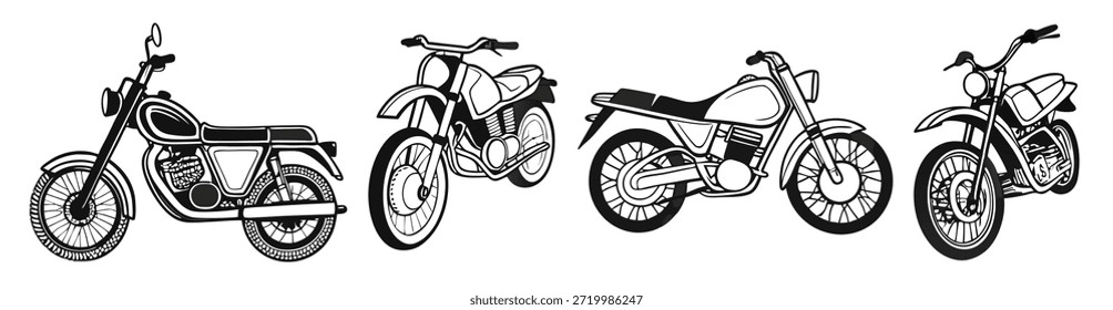 Cuatro motocicletas se muestran en blanco y negro