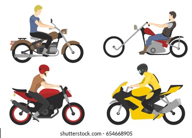 four motorcyclist with accessories set. helmets, backpack and motor oil.