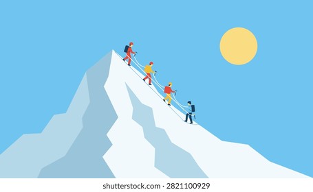 Four mountain climbers ascend a snowy mountain ridge connected by a rope under a bright yellow sun.