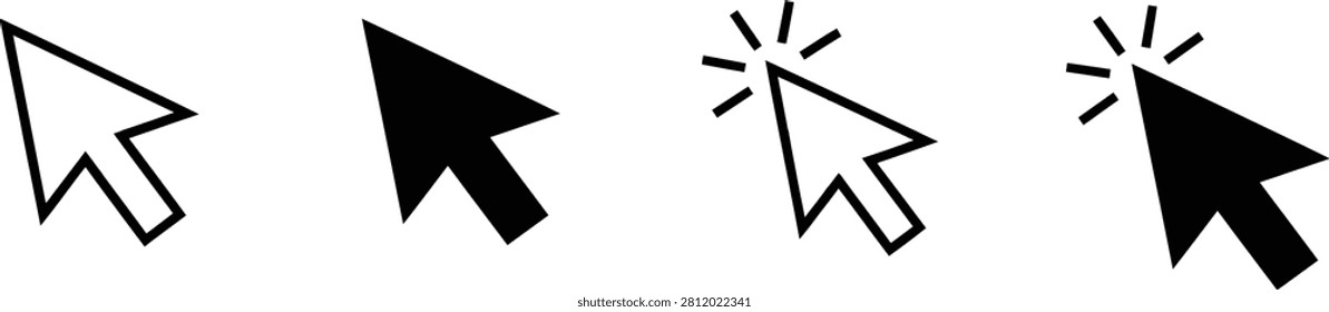 Four mouse cursor icons showing click animations with upward movement and spark effects isolated on transparent background