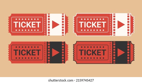 Four movie tickets with red white and black lettering. Vector, flat, vintage style.