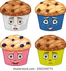 Four muffins expressing different emotions