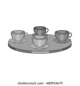 Four mugs on the table icon in black monochrome style isolated on white background. Tea time symbol vector illustration