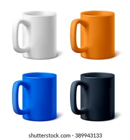 Four mugs of various colors. Collection of realistic vector coffee or tea cups.