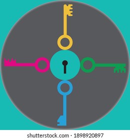 Four multicolor keys, pink, yellow, green and blue with keyhole in green circle