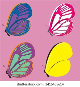 Four multi-colored butterflies, with one wing, in profile, on a pink background, vector graphics