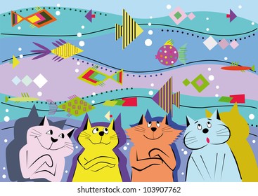 Four multi-colored cat on a background of water and ornamental fish.