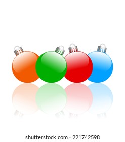 Four multicolored christmas balls with reflection isolated on white background