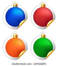 Four multicolored Christmas balls stickers isolated on white background