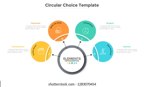 Four multicolored circles connected with main round element in center, 4 features of business process concept. Minimalist infographic design template. Vector illustration for presentation, website.