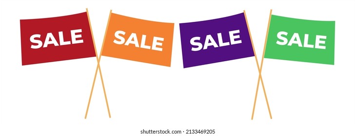 Cuatro banderas multicolores, un concepto de ventas para tiendas con la inscripción VENTA. Ilustración del concepto de ventas.