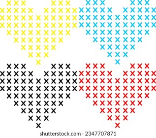 Four multi-colored hearts with a cross (yellow, blue, black and red) - vector minimalism on a transparent background.