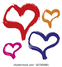 Four multi-colored hearts, drawn with a brush