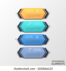 Four multicolored hexagonal elements with thin line icons and text description inside placed one below other. Concept of list with 4 options or steps. Infographic design template. Vector illustration.