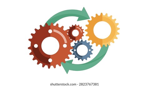 Four multi-colored interlocking gear sprockets (red, yellow, blue) with green circular arrows on a white background, symbolizing industrial workflow and systematic mechanical integration.