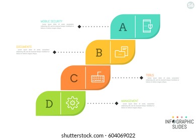 Four multicolored rectangular elements placed diagonally, connected with pictograms and text boxes. Minimalistic infographic design template. Mobile security concept. Vector illustration for website.