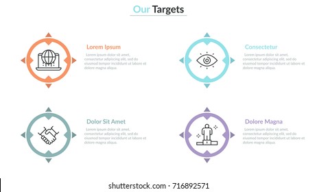 Four multicolored separate shooting aims or targets with thin line symbols inside them and text boxes. Concept of 4 main goals to achieve. Creative infographic design layout. Vector illustration.