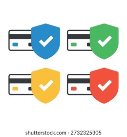 Four multicolored shields with checkmarks protecting credit cards symbolizing secure payment protection