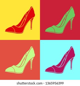 Four multi-colored shoes on a colorful background.