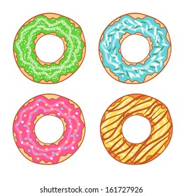 Four multicolored vector donuts on a white background