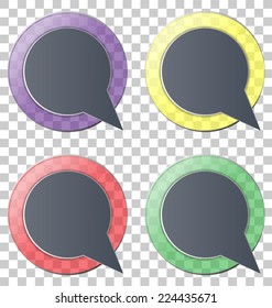 Four multicolred transparent glassy circle icons on grey background