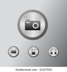 Four multimedia icons: Photo camera, video camera, Mobilephone, Headphone