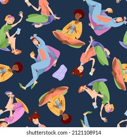 Four multiracial girls at a slumber party. Pajama party. Seamless background pattern. Vector illustration

