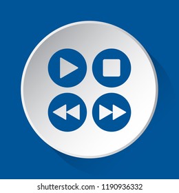 four music control buttons - simple blue icon on white button with shadow in front of blue square background