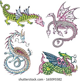 Four mythic dragons. Set of color vector illustrations.