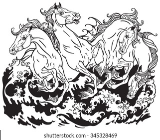 four mythological seahorses Black and white illustration 