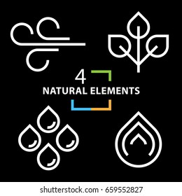 The four natural elements icons set on black background - Earth, Water, Air (Wind) and Fire. Vector illustration.