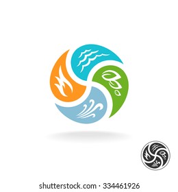 Four Natural Elements Logo. Fire, Water, Air Wind And Nature Power.