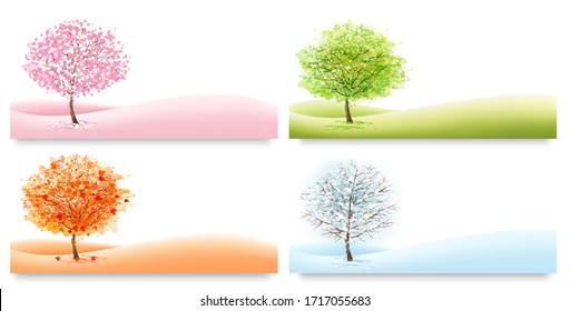 Four Nature Backgrounds with stylized trees representing different seasons. Vector.