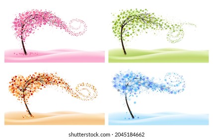 Cuatro fondos naturales con árboles estilizados que representan diferentes estaciones: primavera, verano, otoño e invierno. Vector.