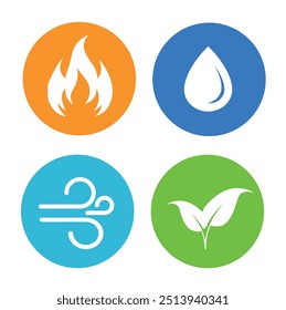 Four nature elements icon set. Air, earth, water, fire symbols. Natural elements icons. Vector illustration.