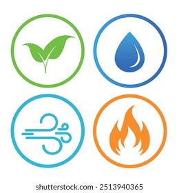 Four nature elements icon set. Air, earth, water, fire symbols. Natural elements icons. Vector illustration.